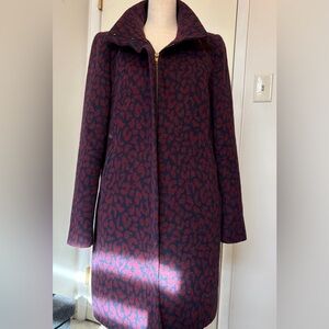 LOFT Burgundy and Navy Patterned Zip-Front Pea Coat